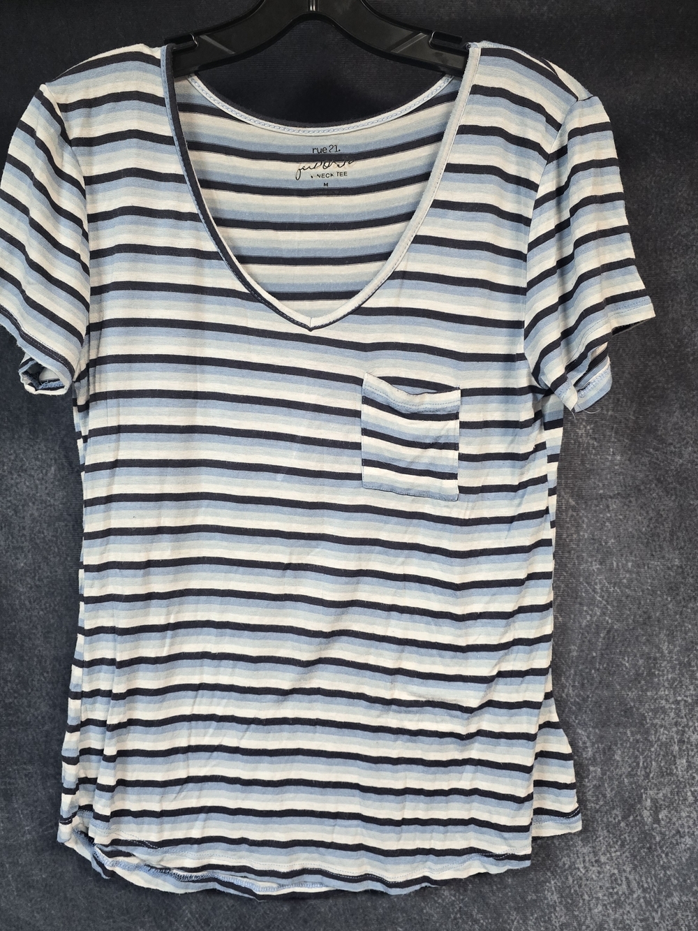 Rue21 Light Blue & Navy Striped V-Neck Pocket Tee